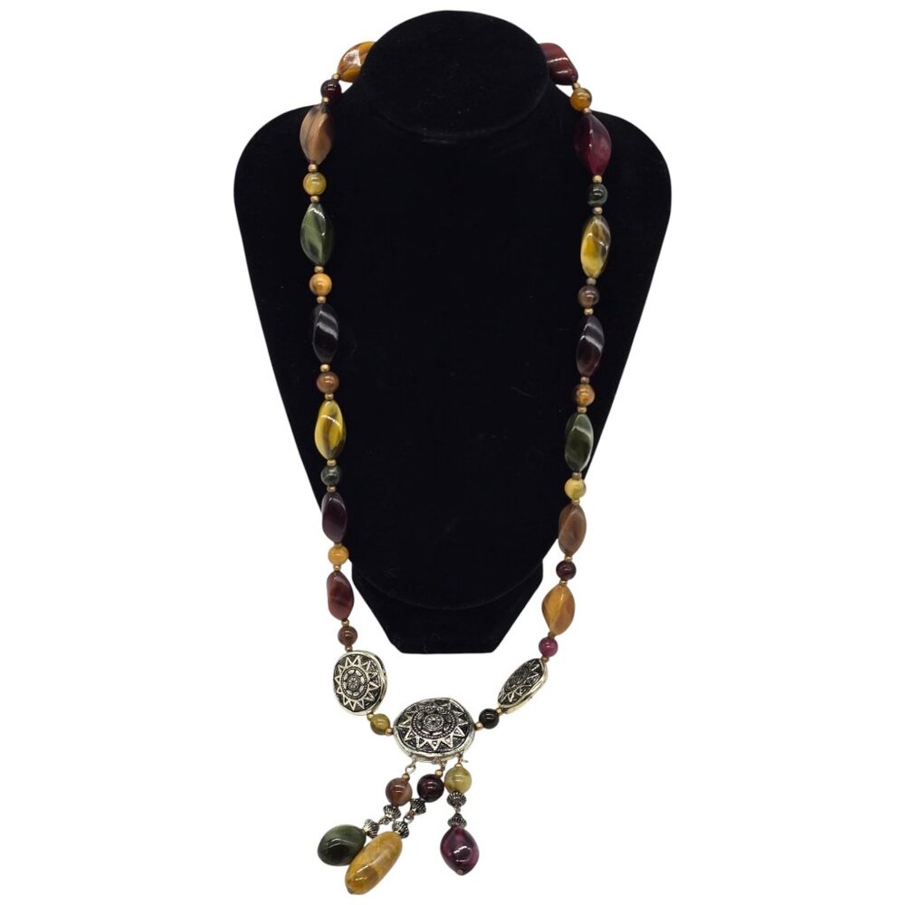Vintage Multi Stone Beaded Necklace Sun Medallion Dangle Boho Ethnic 26”